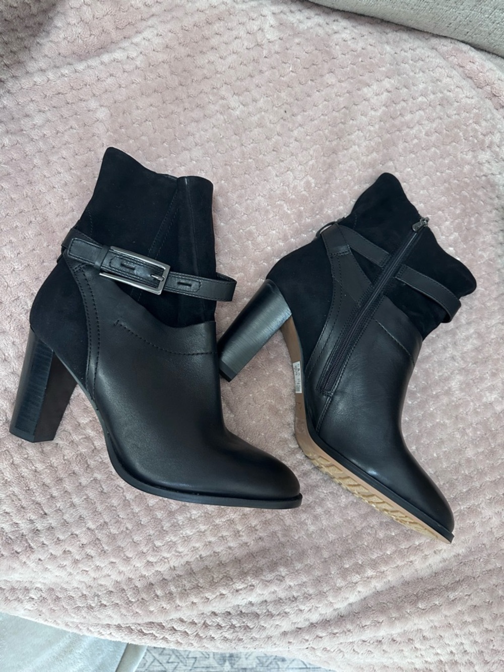 NWT Clarks Black Leather & Suede Ankle Heeled Boots with Buckle Strap
